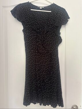 American Eagle Outfitters Black and White Polka Dot Ruffle Wrap Mini Dress